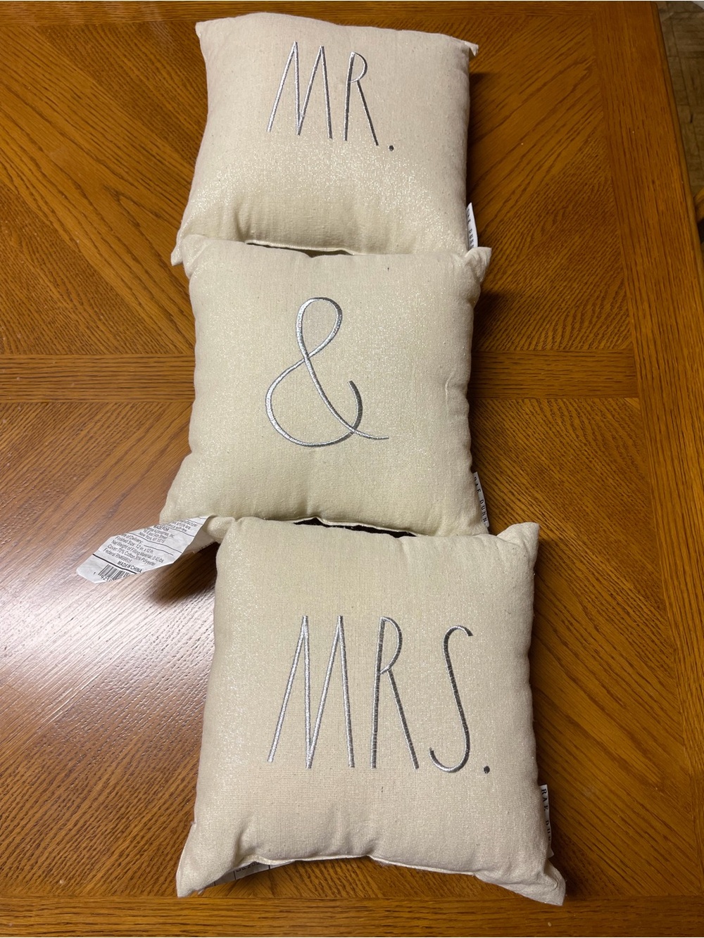 Rae Dunn Mr & Mrs Decorative Pillow Trio in Light Beige with Silver Script